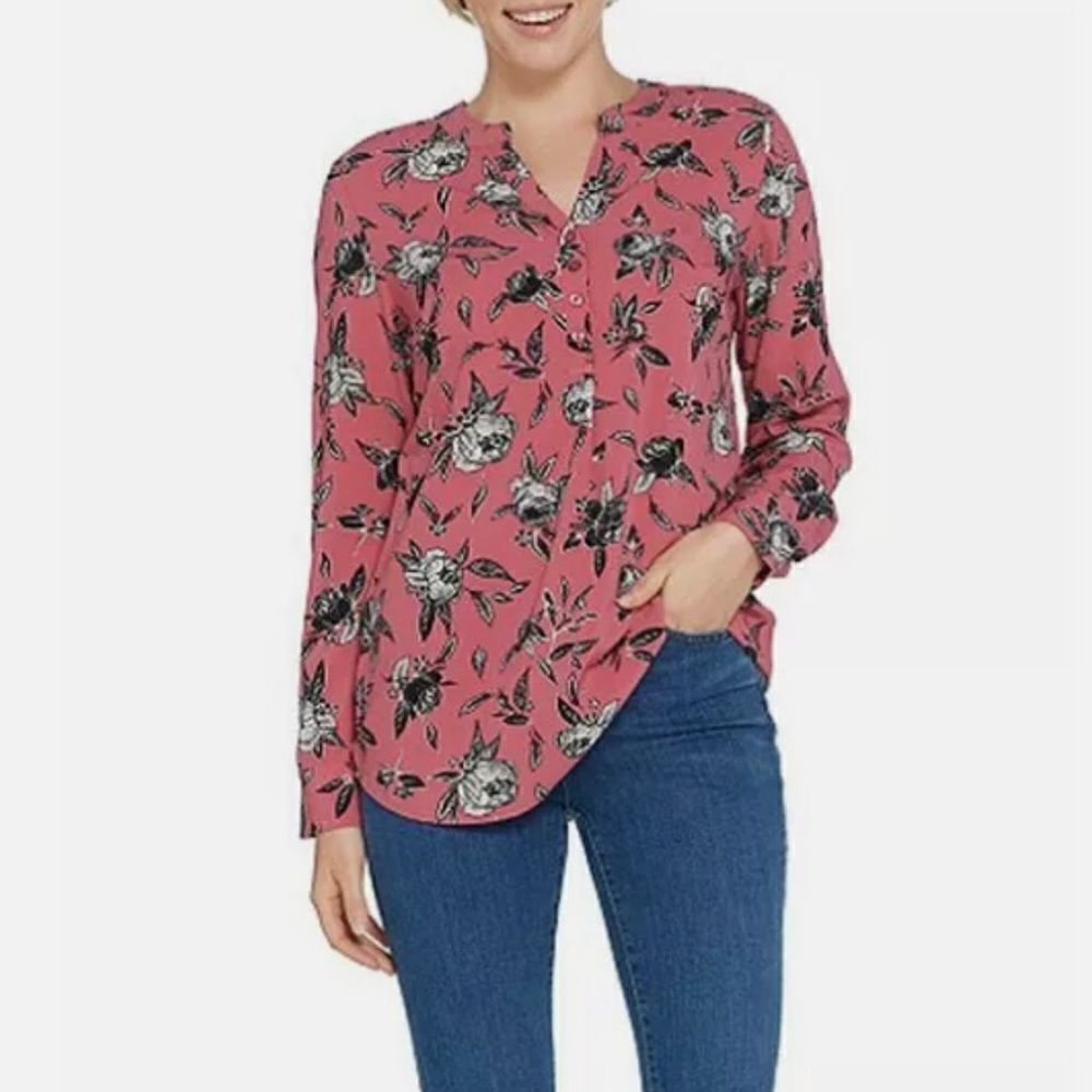 Denim & Co. Floral Print Split Y-Neck Top